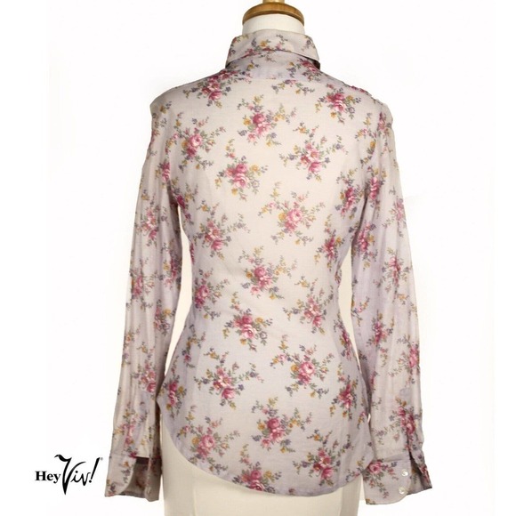 Vintage 70s Fitted Long Sleeve Semi Sheer Blue Pink Floral Blouse Sz S - Hey Viv - Picture 4 of 6